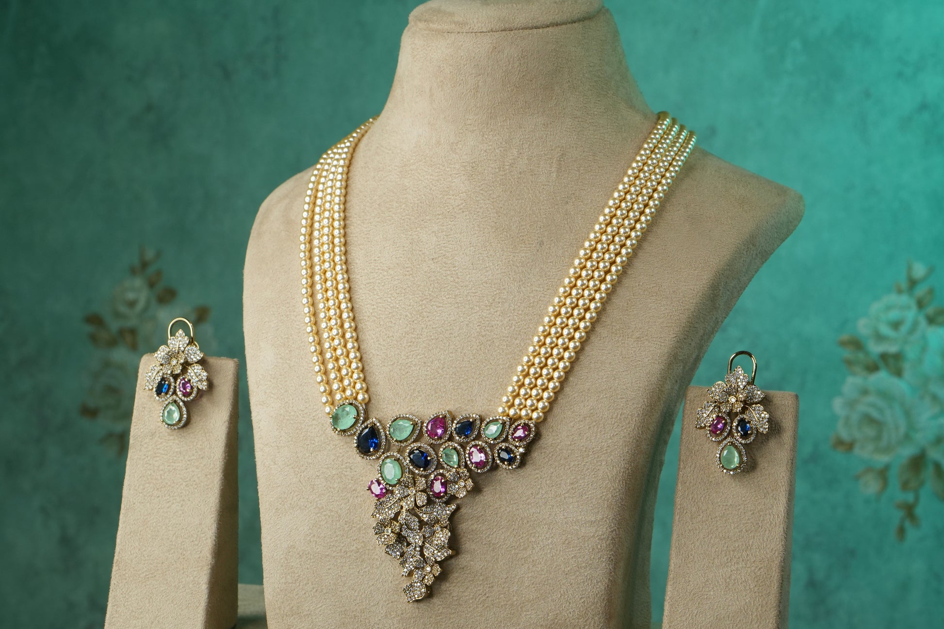 Multi Stone AD Necklace Set (4-9117)(B) - JEWELSTYLE