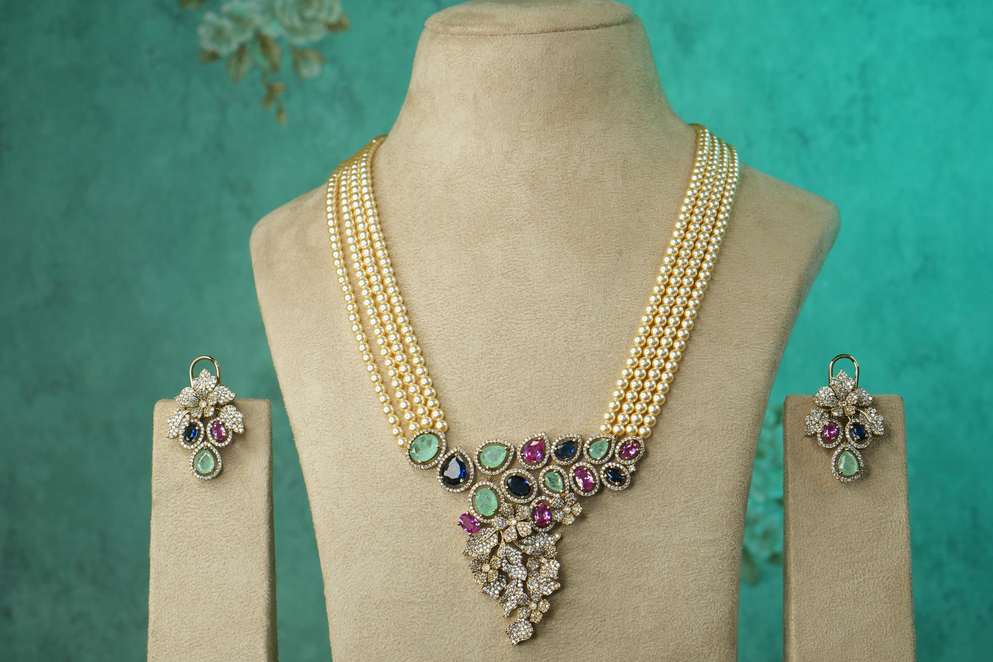 Multi Stone AD Necklace Set (4-9117)(B) - JEWELSTYLE