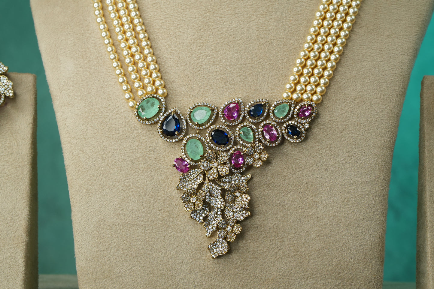 Multi Stone AD Necklace Set (4-9117)(B) - JEWELSTYLE