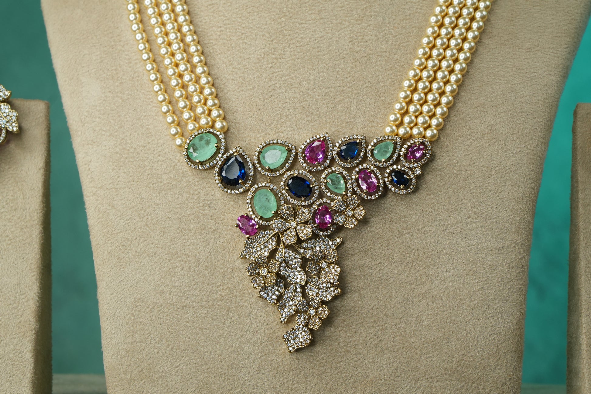 Multi Stone AD Necklace Set (4-9117)(B) - JEWELSTYLE