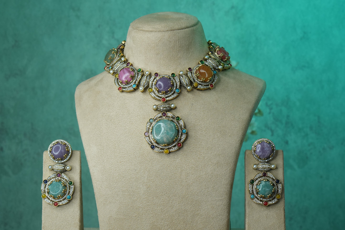Multi Stone Polki Necklace Set (4-9120)(B) - JEWELSTYLE