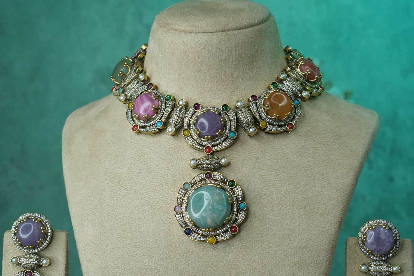 Multi Stone Polki Necklace Set (4-9120)(B) - JEWELSTYLE