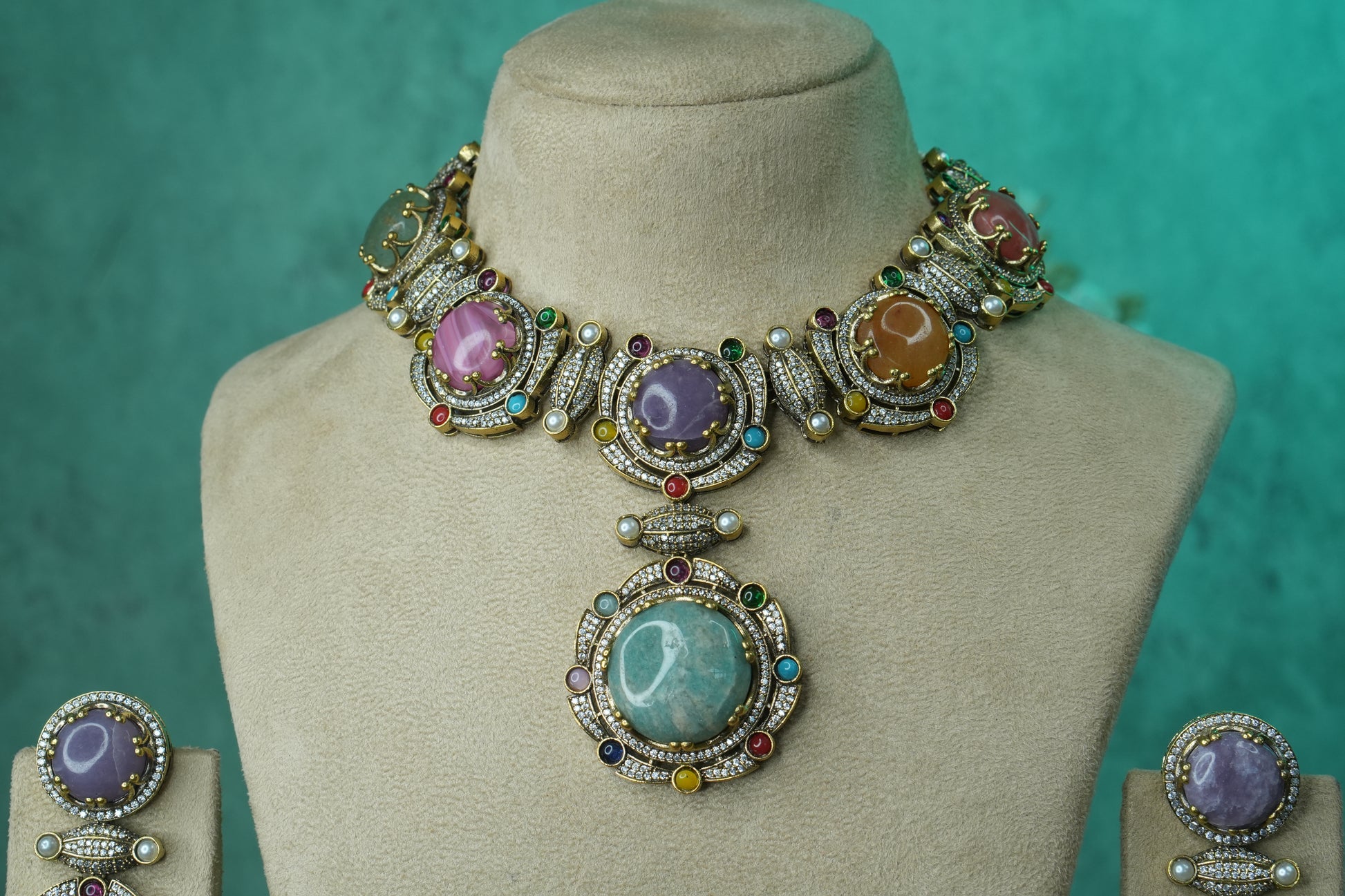 Multi Stone Polki Necklace Set (4-9120)(B) - JEWELSTYLE