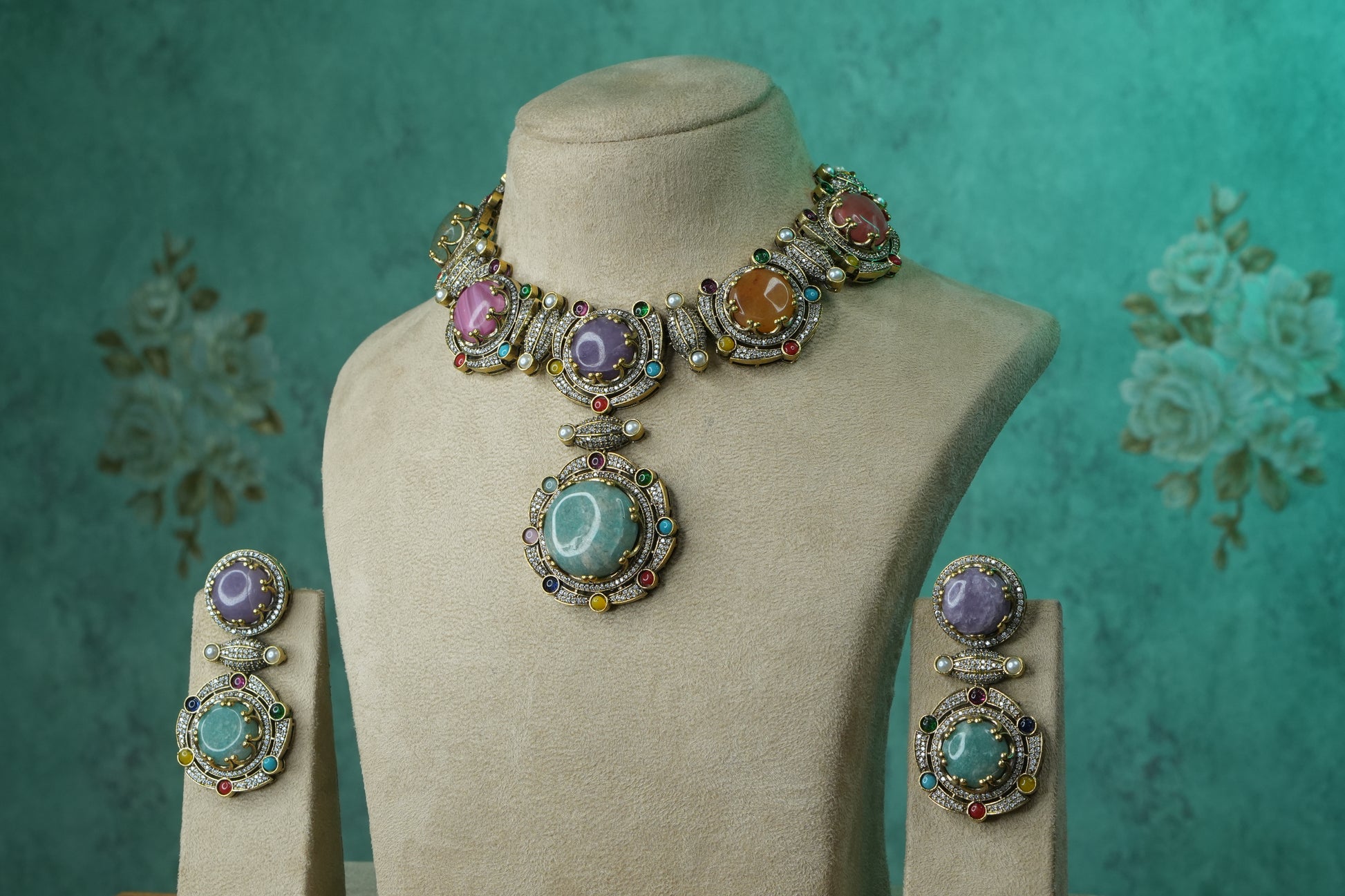Multi Stone Polki Necklace Set (4-9120)(B) - JEWELSTYLE