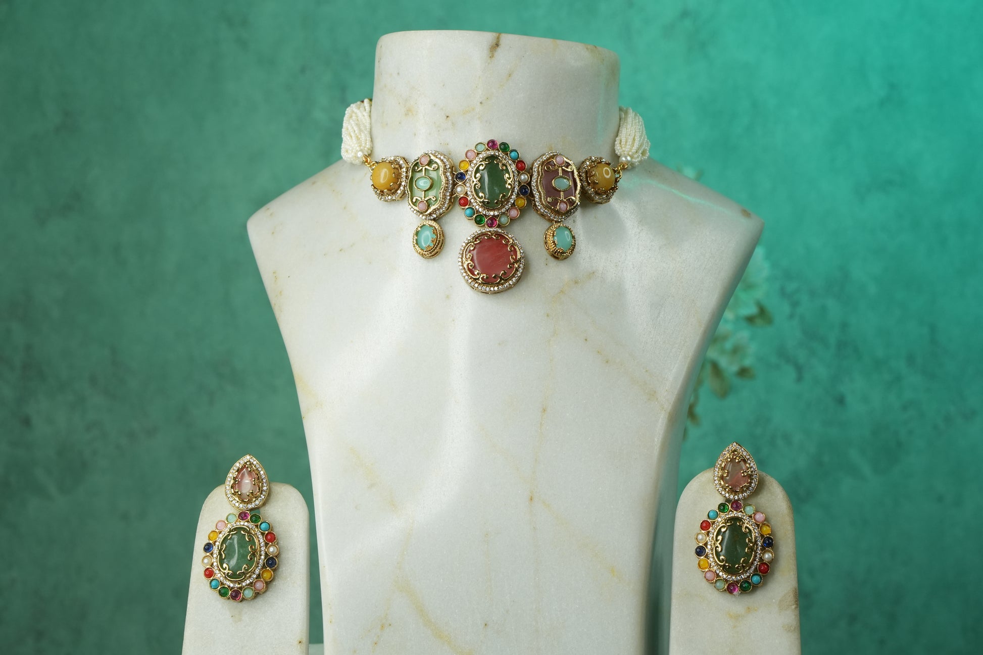 Multi Stone Polki Choker Set (4-9121)(B) - JEWELSTYLE