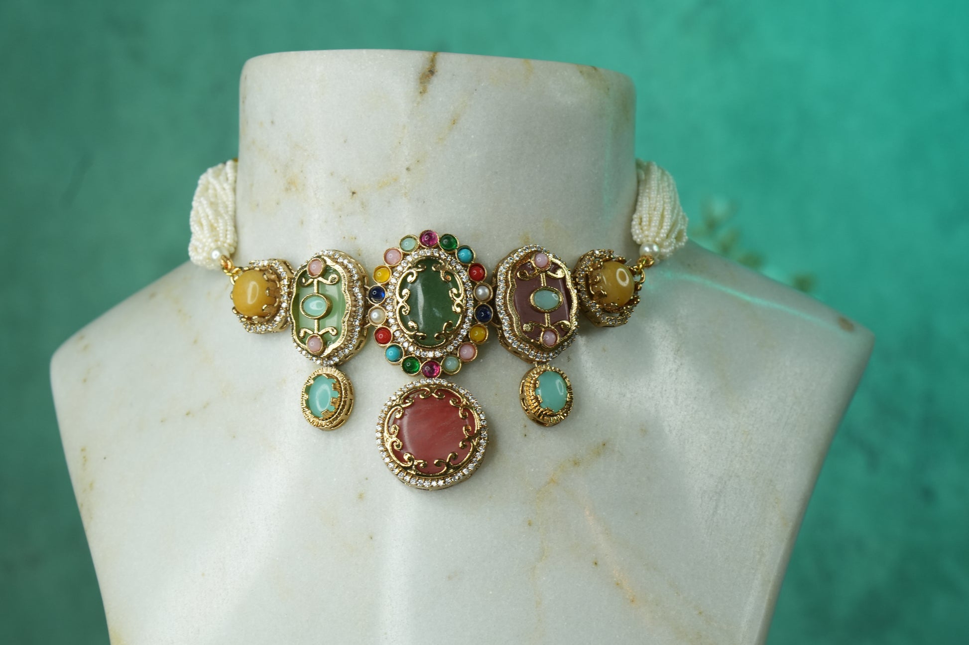 Multi Stone Polki Choker Set (4-9121)(B) - JEWELSTYLE