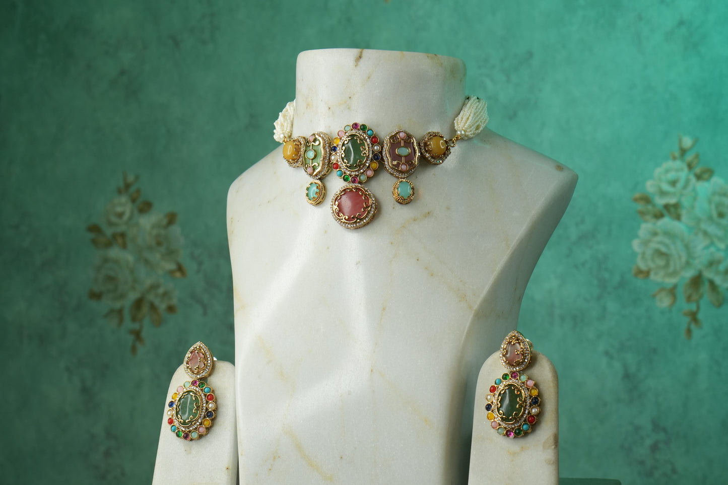 Multi Stone Polki Choker Set (4-9121)(B) - JEWELSTYLE