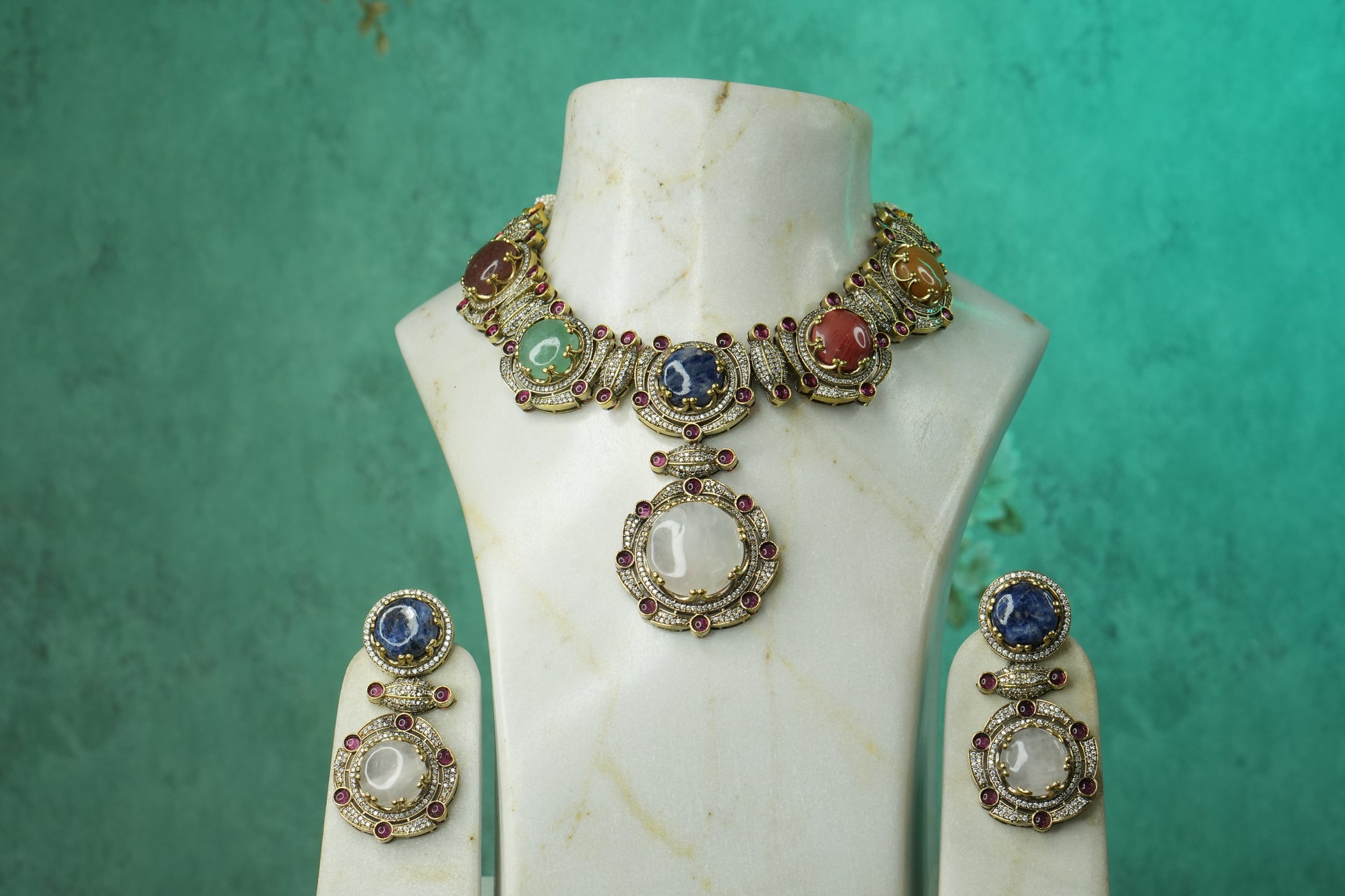 Multi Stone Polki Necklace Set (4-9122)(B) - JEWELSTYLE
