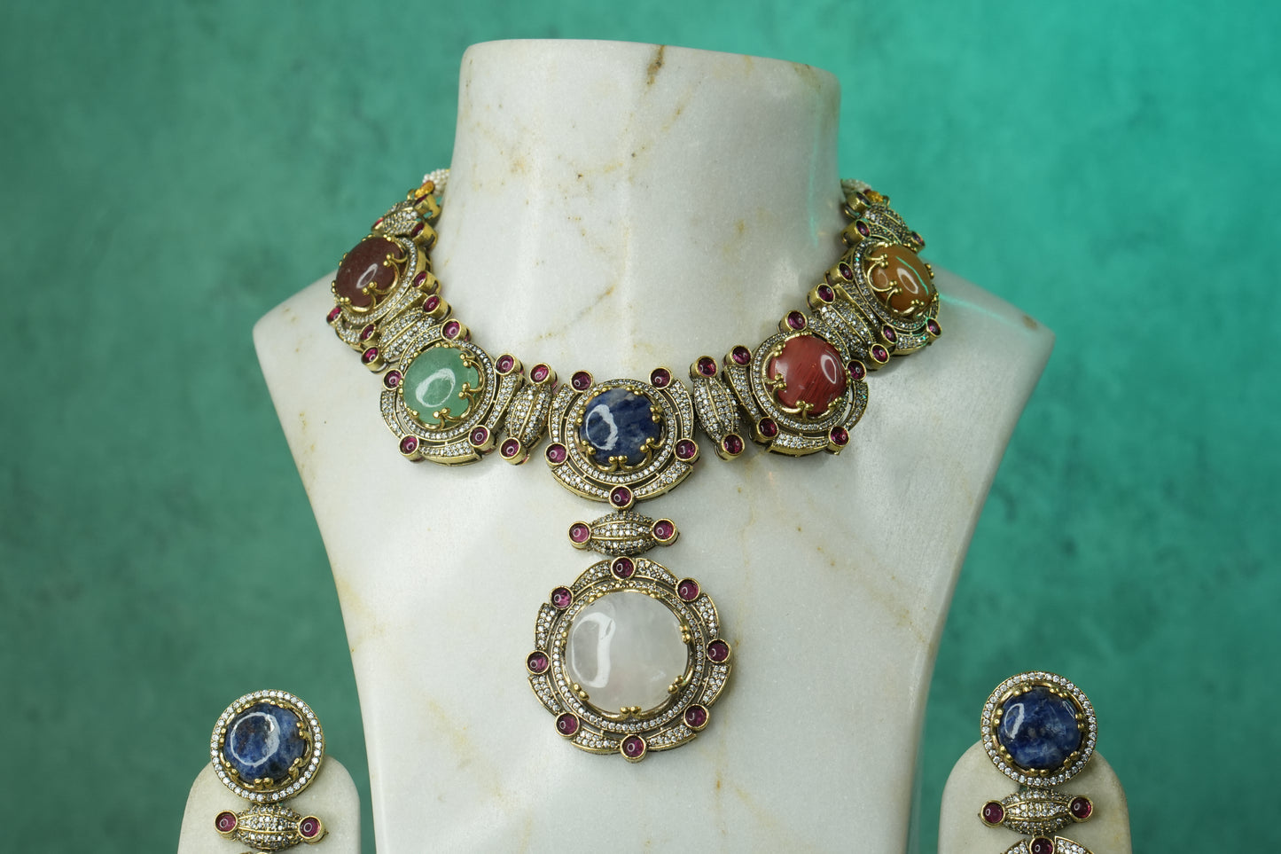 Multi Stone Polki Necklace Set (4-9122)(B) - JEWELSTYLE