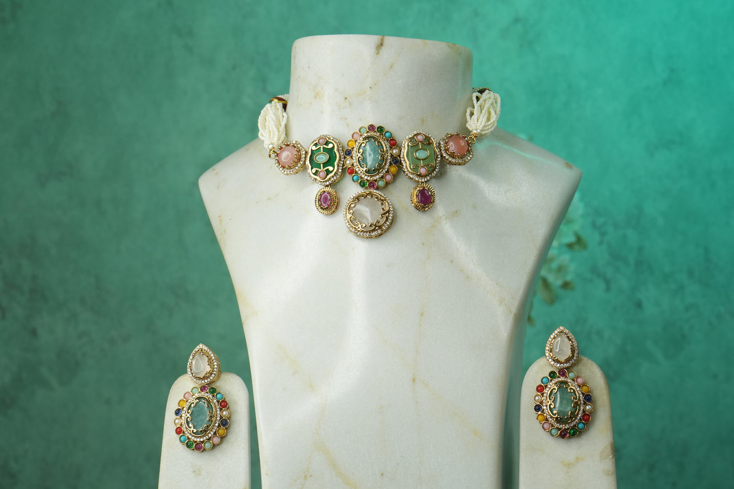 Multi Stone Polki Choker Set (4-9149)(B) - JEWELSTYLE