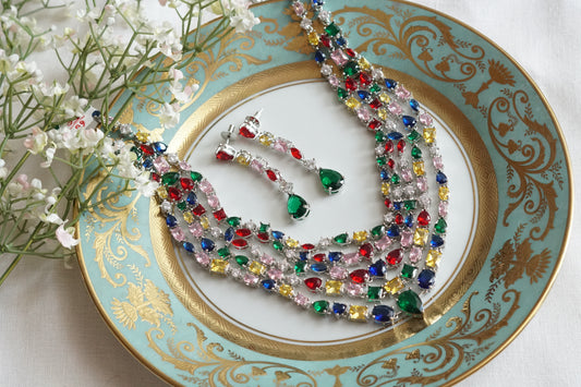 Multi Stone AD Necklace Set(4-9096)(B)