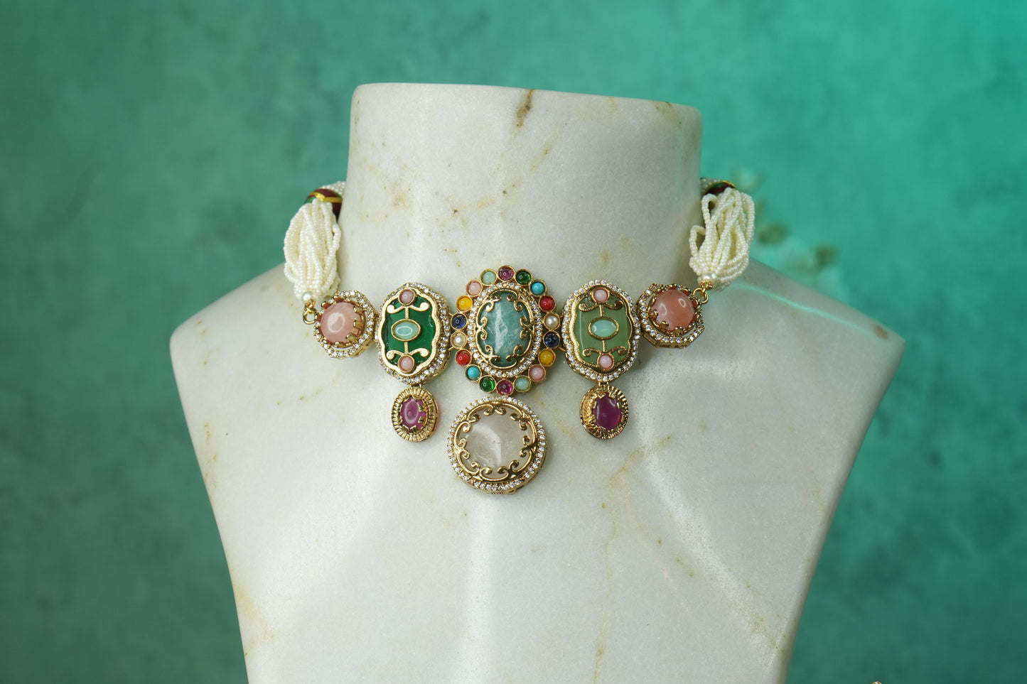 Multi Stone Polki Choker Set (4-9149)(B) - JEWELSTYLE