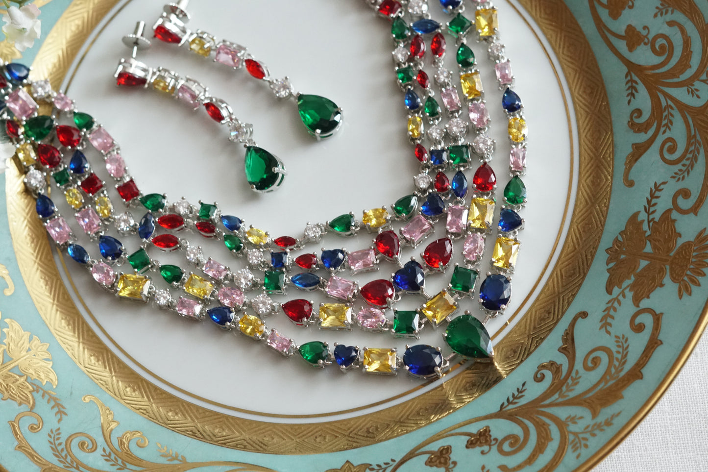 Multi Stone AD Necklace Set(4-9096)(B)(OFFER PRICE) - JEWELSTYLE