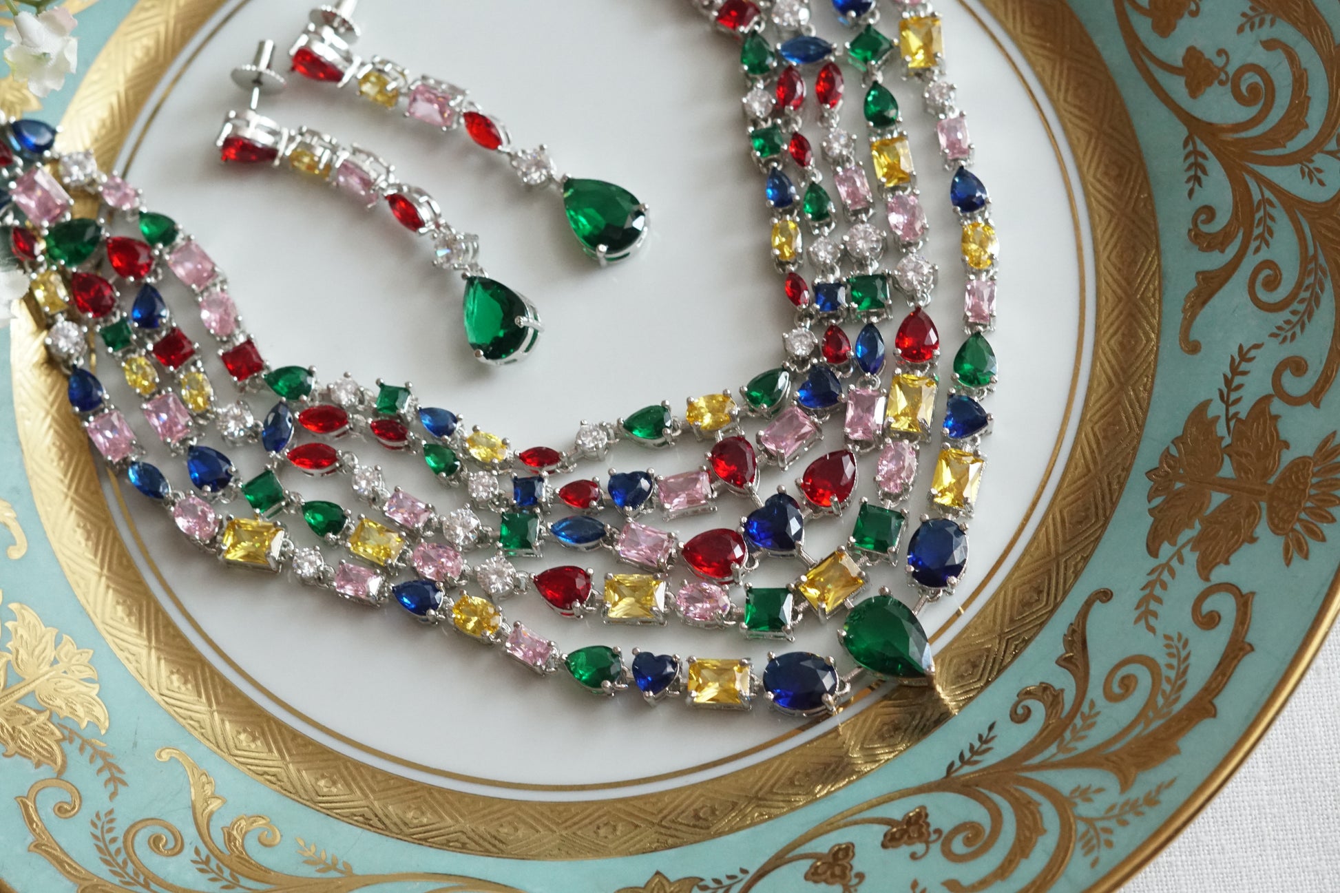 Multi Stone AD Necklace Set(4-9096)(B)(OFFER PRICE) - JEWELSTYLE