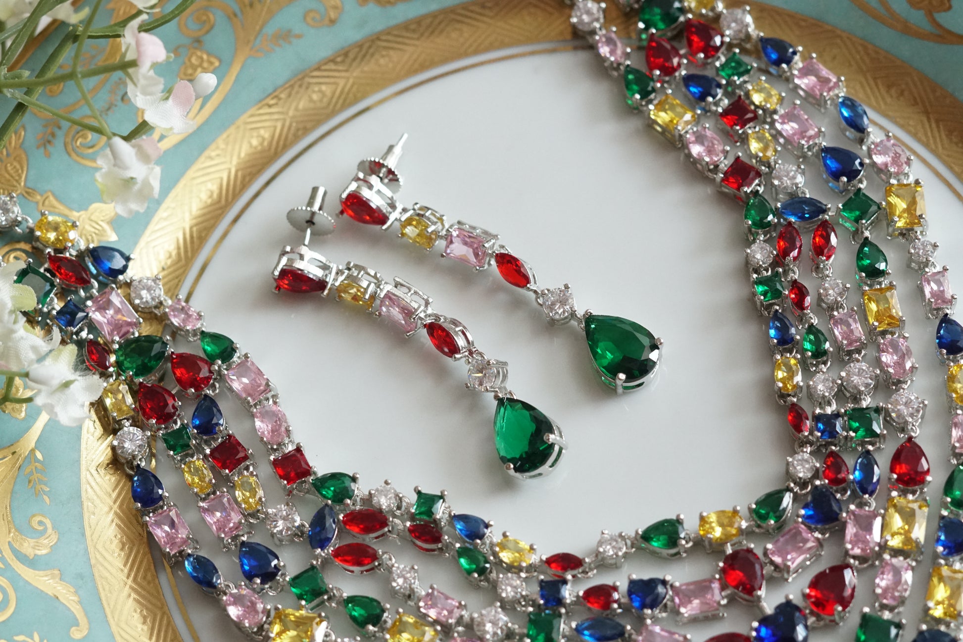 Multi Stone AD Necklace Set(4-9096)(B)(OFFER PRICE) - JEWELSTYLE