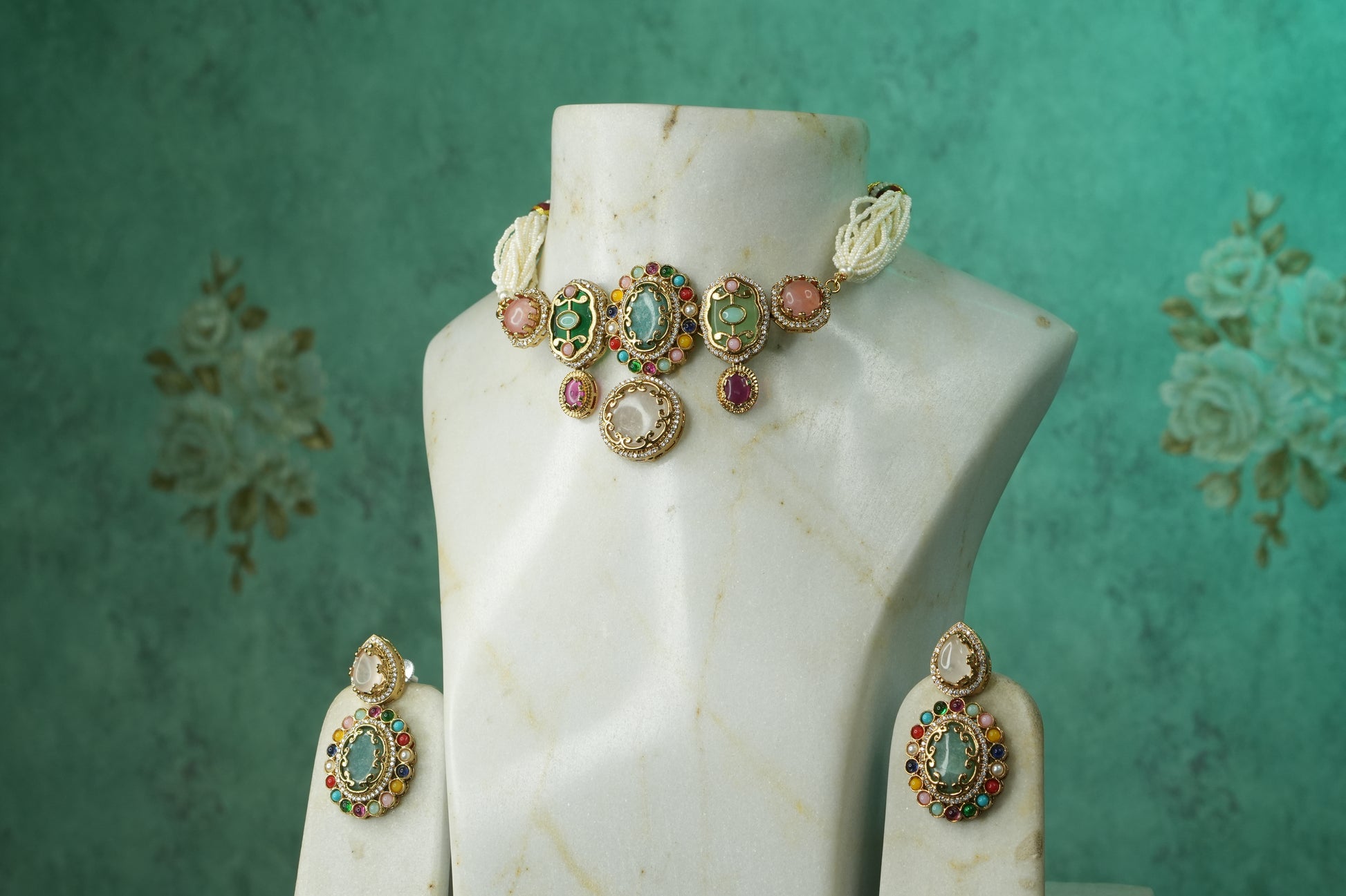 Multi Stone Polki Choker Set (4-9149)(B) - JEWELSTYLE