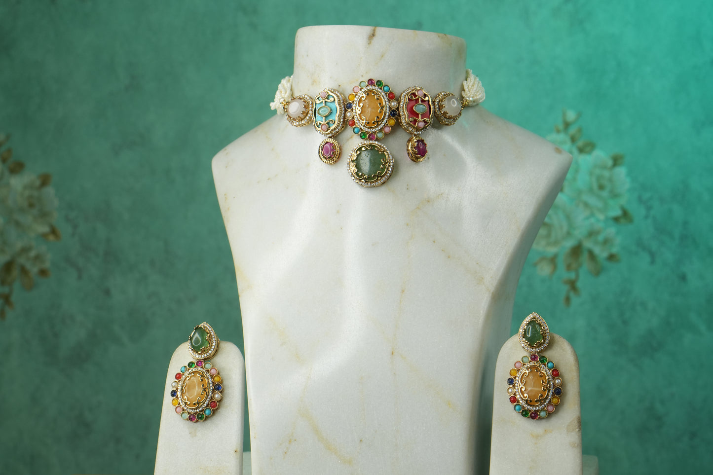 Multi Stone Polki Choker Set (4-9150)(B) - JEWELSTYLE