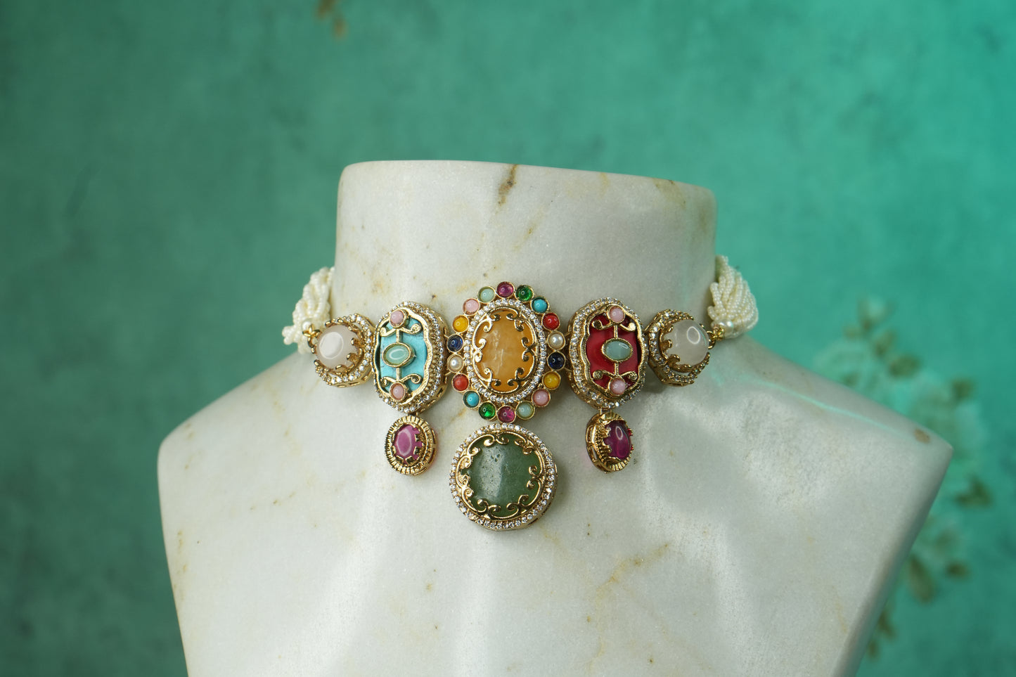 Multi Stone Polki Choker Set (4-9150)(B) - JEWELSTYLE