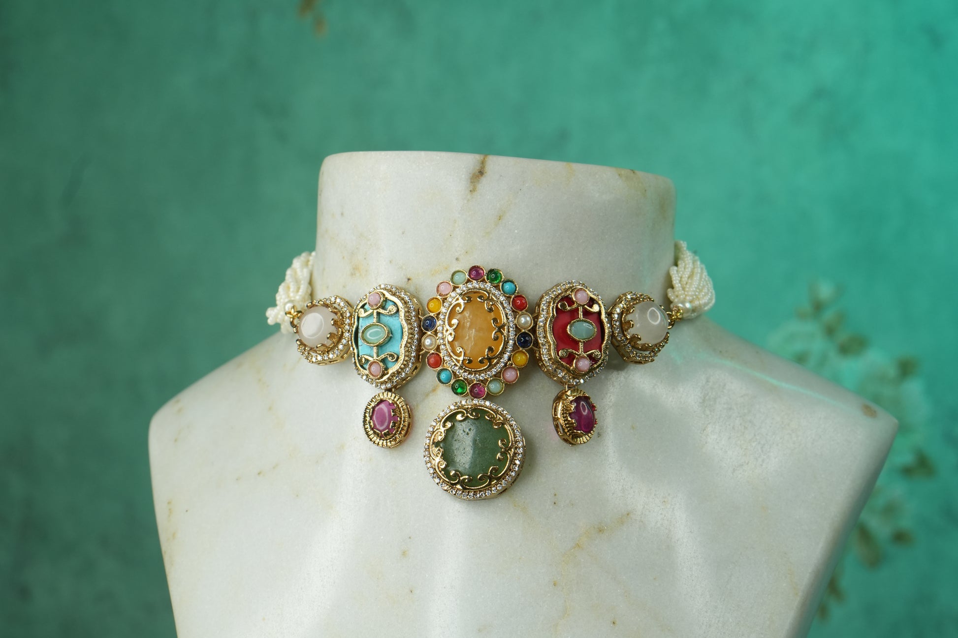 Multi Stone Polki Choker Set (4-9150)(B) - JEWELSTYLE