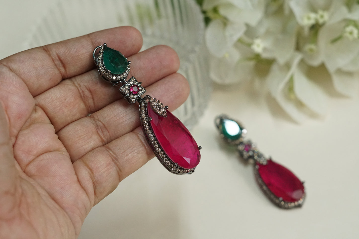 Green and red stone Earrings (1-5269)(B)