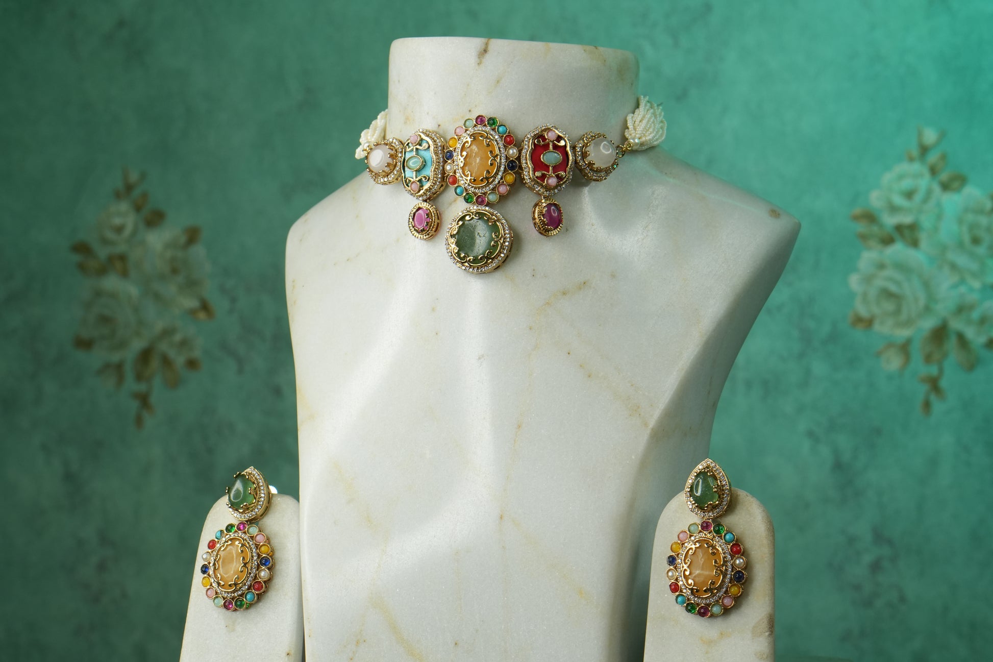Multi Stone Polki Choker Set (4-9150)(B) - JEWELSTYLE