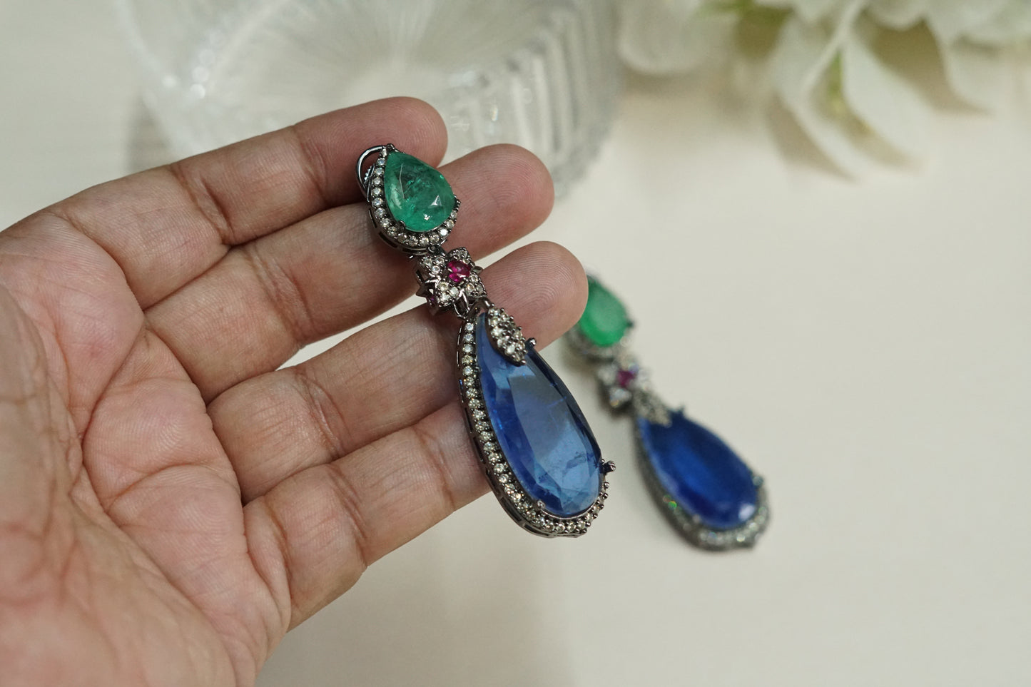 Green and blue stone Earrings (1-5270)(B)