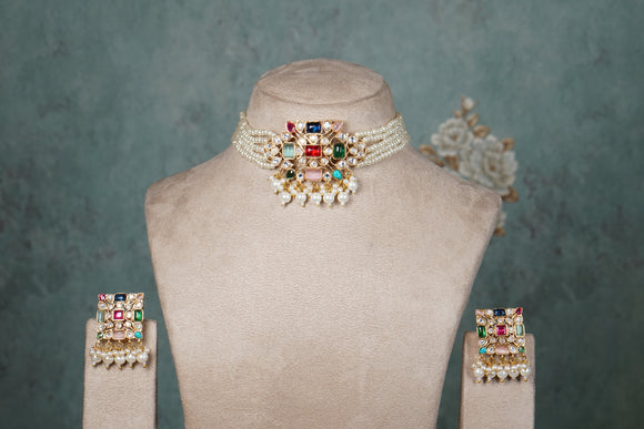 Multicolour Polki Choker Set (4-8618)(B)