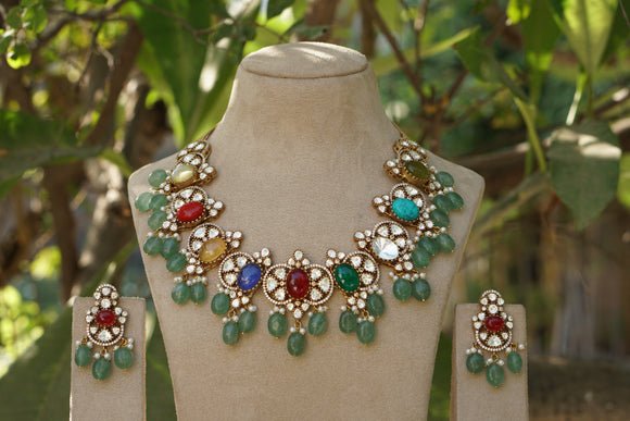 Navratan Stone Polki Necklace set (4-8637)(B)