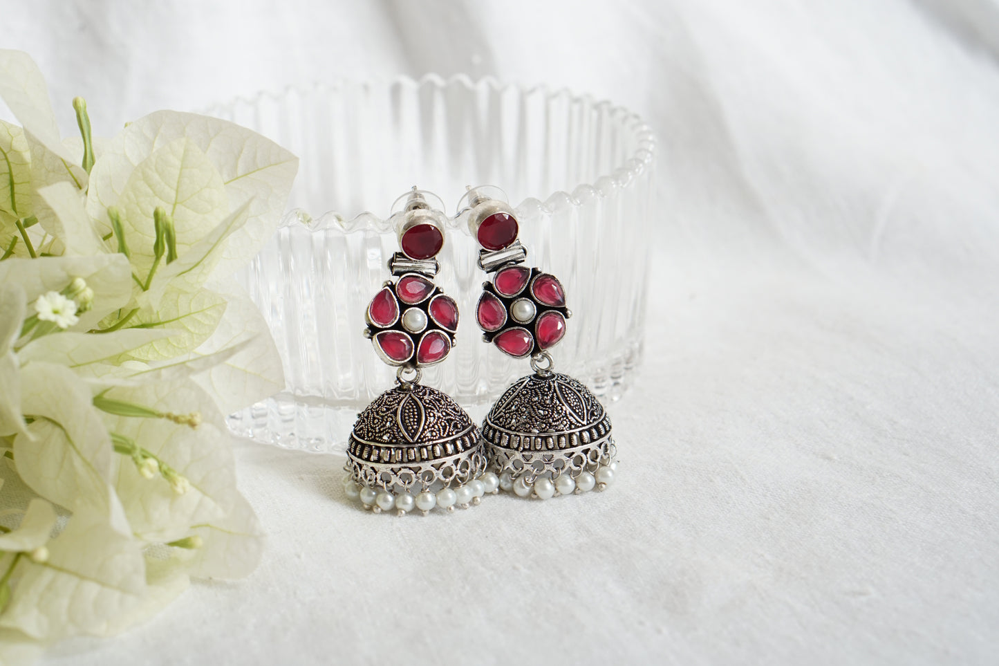 Red Stone Oxidised Jhumki Earrings (1-4869)
