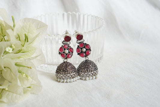 Red Stone Oxidised Jhumki Earrings (1-4869)
