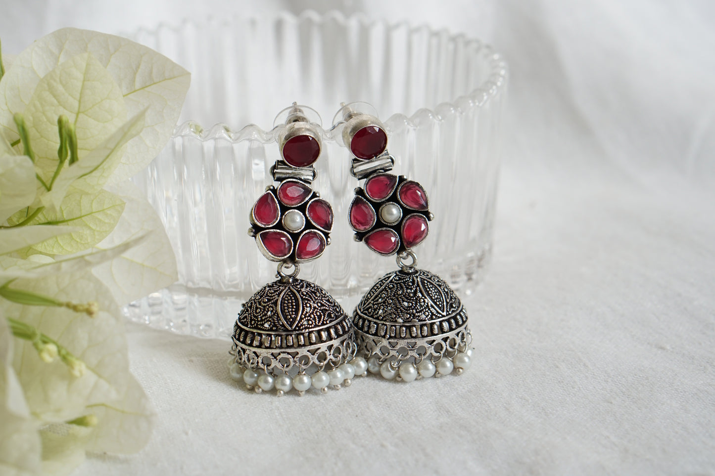 Red Stone Oxidised Jhumki Earrings (1-4869)