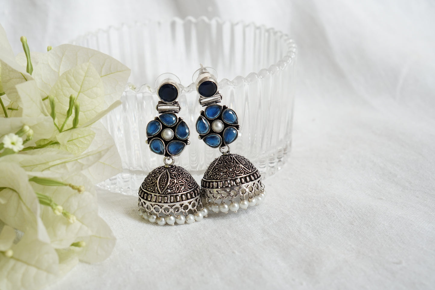 Blue Stone Oxidised Jhumki Earrings (1-4870)