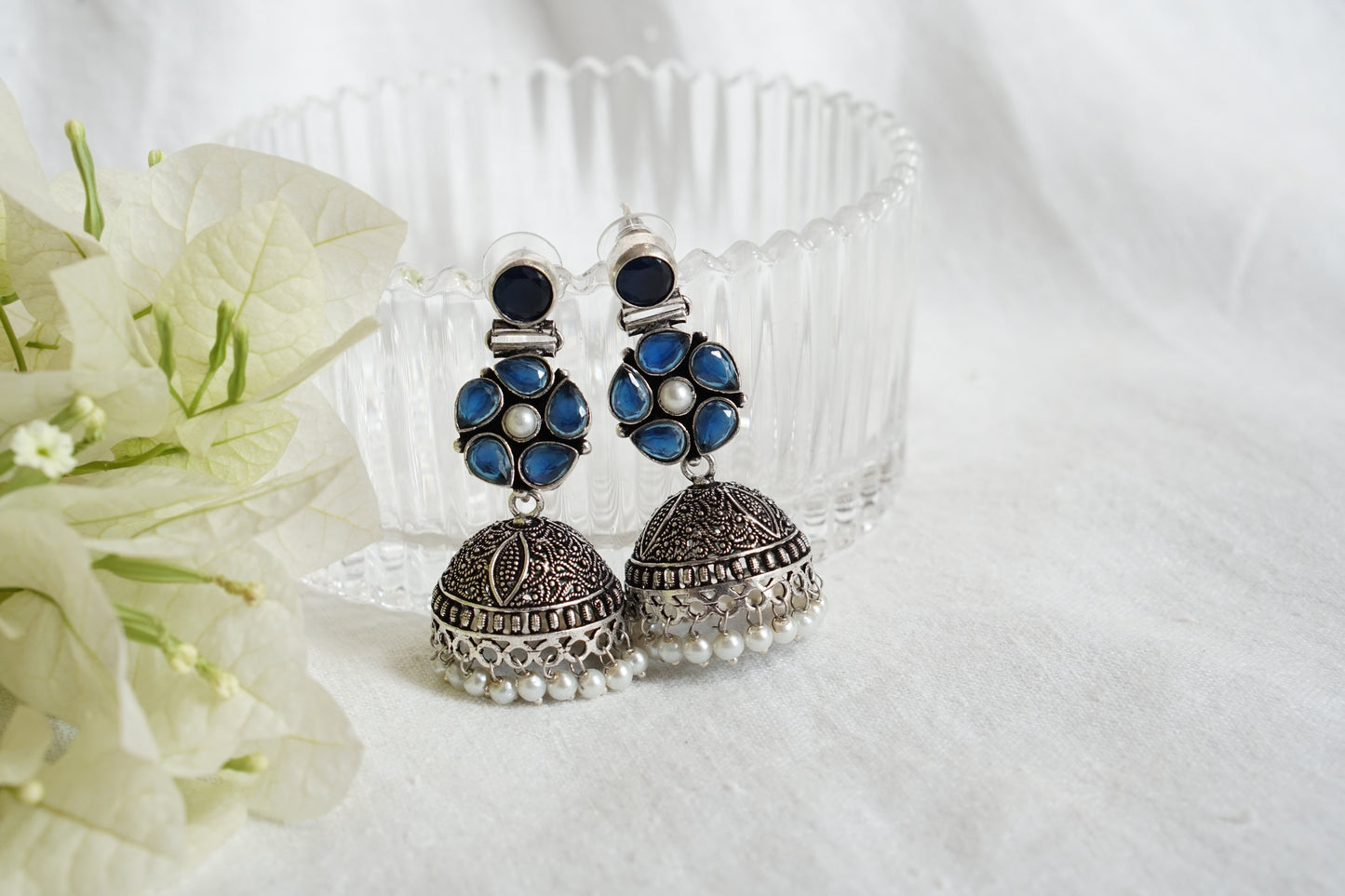 Blue Stone Oxidised Jhumki Earrings (1-4870)