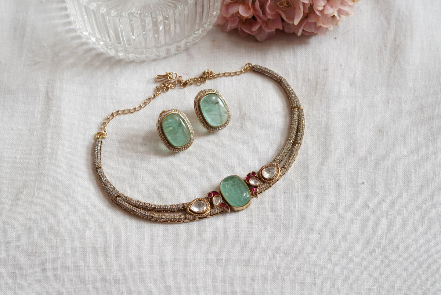 Light Green  Polki Necklace Set (4-7886)(B)