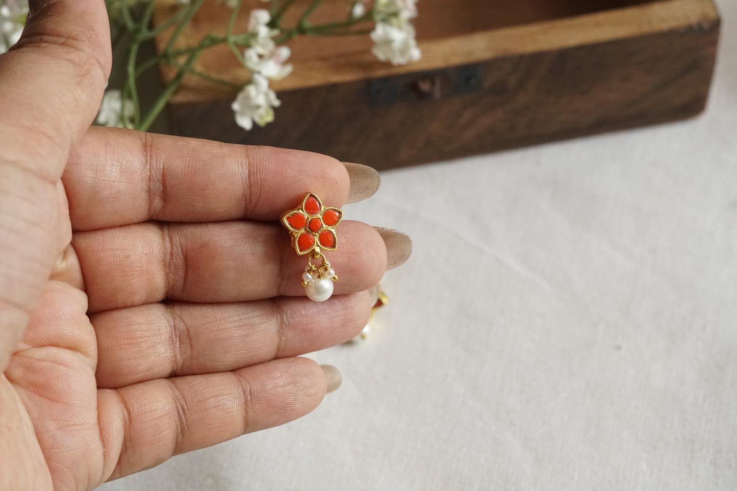 Coral Kundan Studs (1-5299)(B)