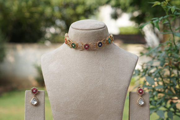 Multi Stone Polki Choker Set (4-8642)(B)