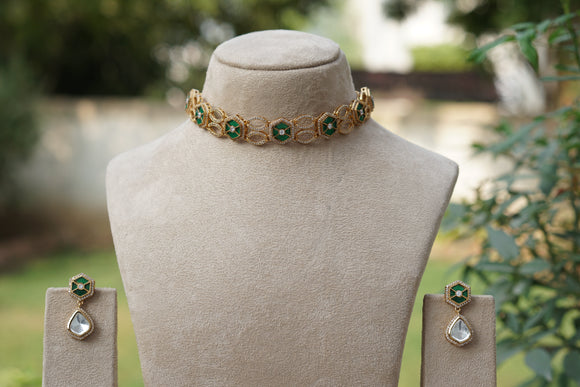 Green Stone Polki Choker Set (4-8641)(B)
