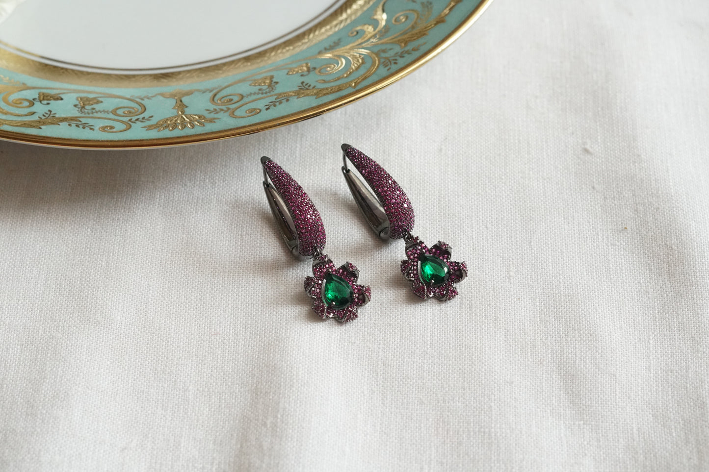 Pink & Green Ad Stone Earrings (1-5399)(B)(From Turkey)