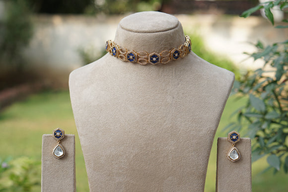 Blue Stone Polki Choker Set (4-8640)(B)