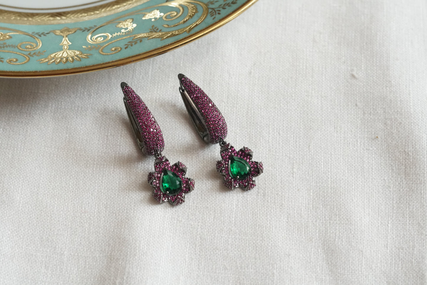 Pink & Green Ad Stone Earrings (1-5399)(B)(From Turkey)