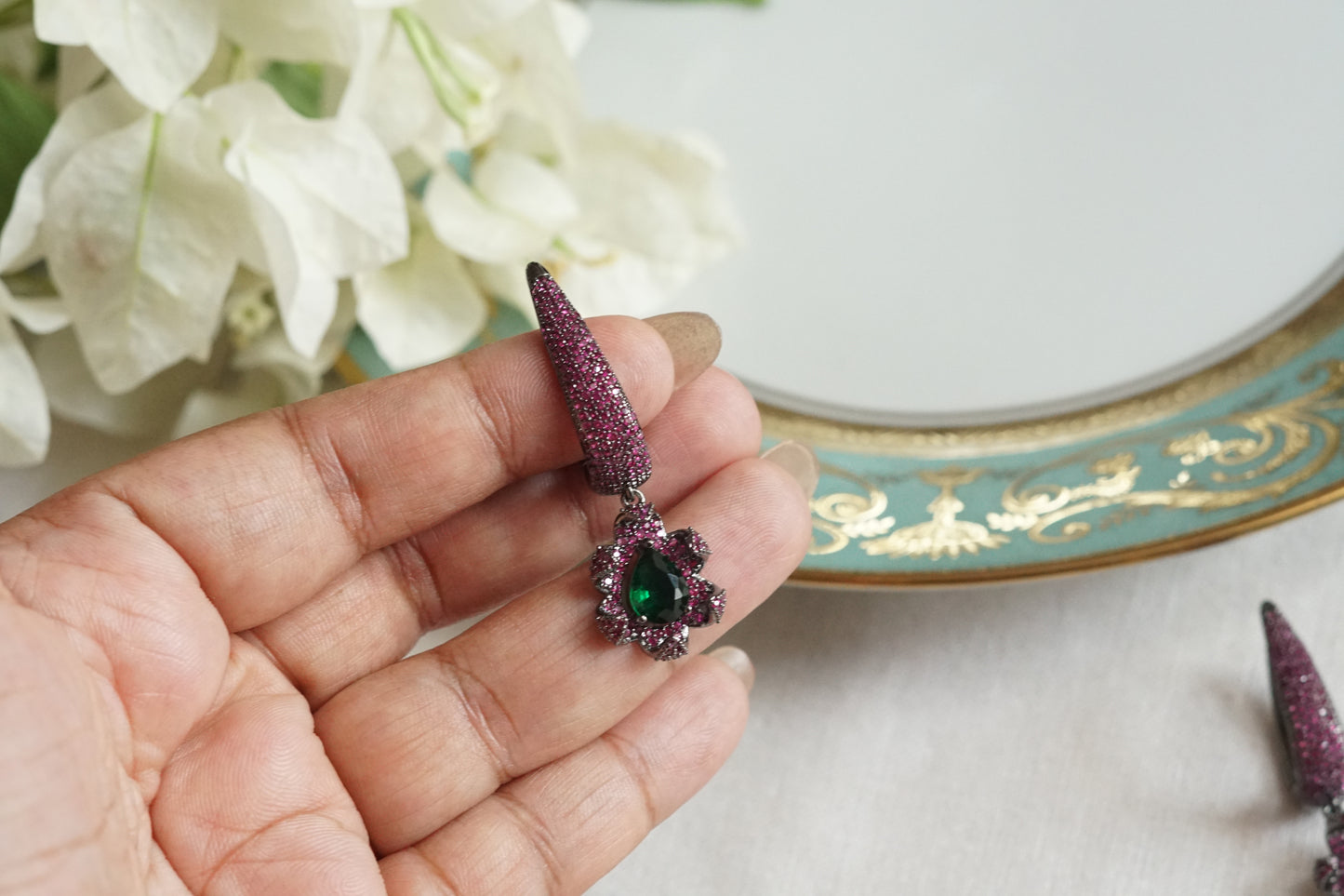 Pink & Green Ad Stone Earrings (1-5399)(B)(From Turkey)