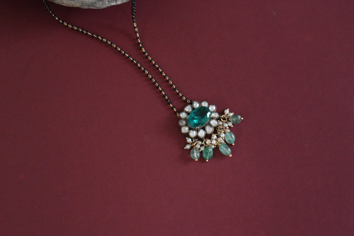 Black Beads green polki Pendant (4-9264)(AK)