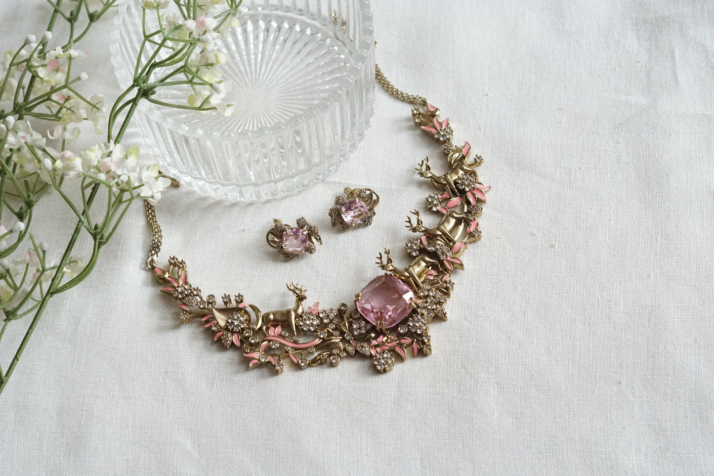 Pink Stone Ad Necklace Set (4-9329)(B)