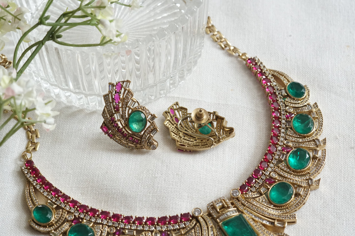 Green Stone Ad Necklace Set (4-9327)(B)
