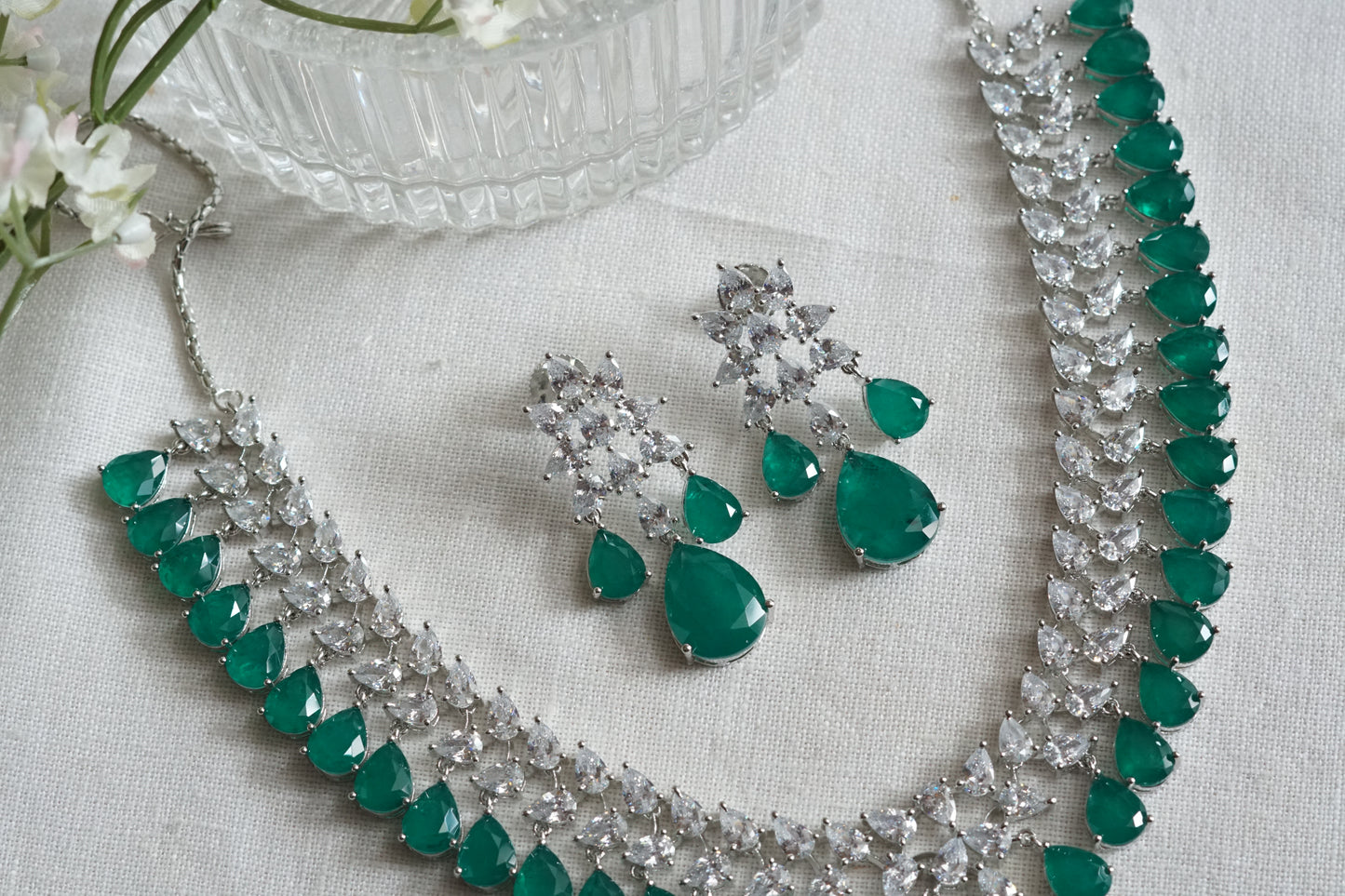 Green Stone Ad Necklace Set (4-9330)(B) (From Turkey)