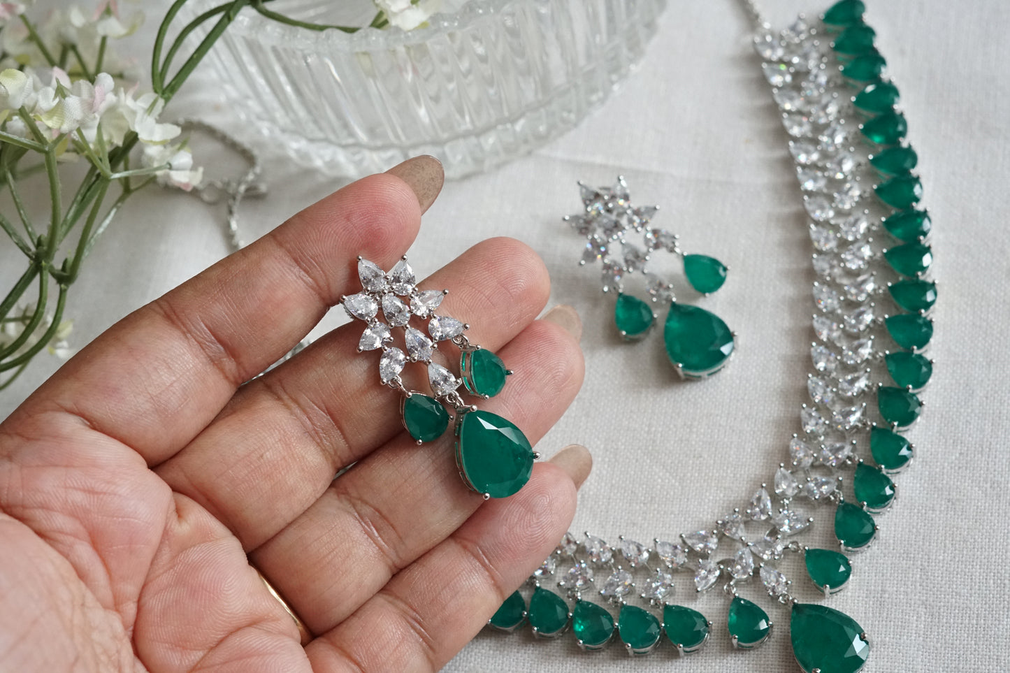 Green Stone Ad Necklace Set (4-9330)(B) (From Turkey)