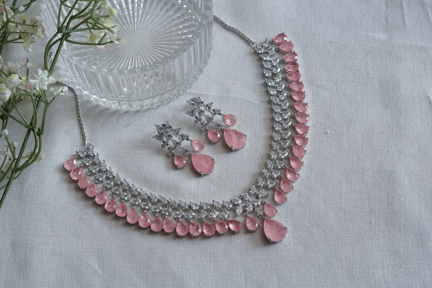Light Pink Stone Ad Necklace Set (4-9331)(B) (From Turkey)