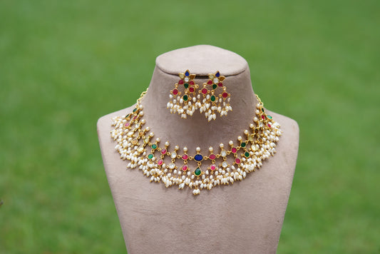 Kundan navratan necklace set (4-5858)(R)(preorder)