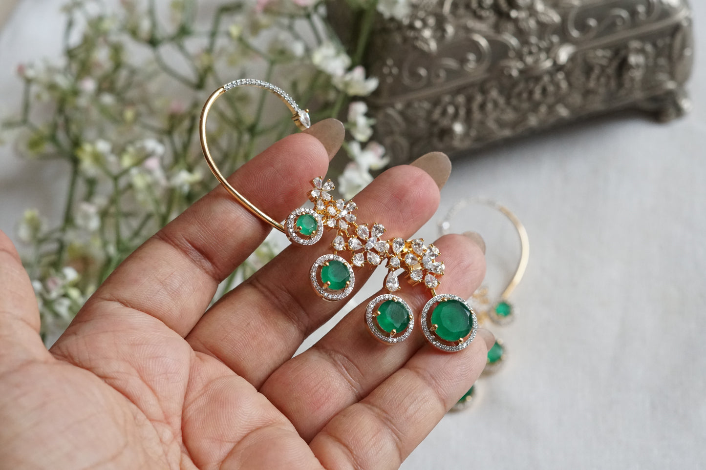 Green Stone Ad Earcuff Earrings (1-5336)(P)