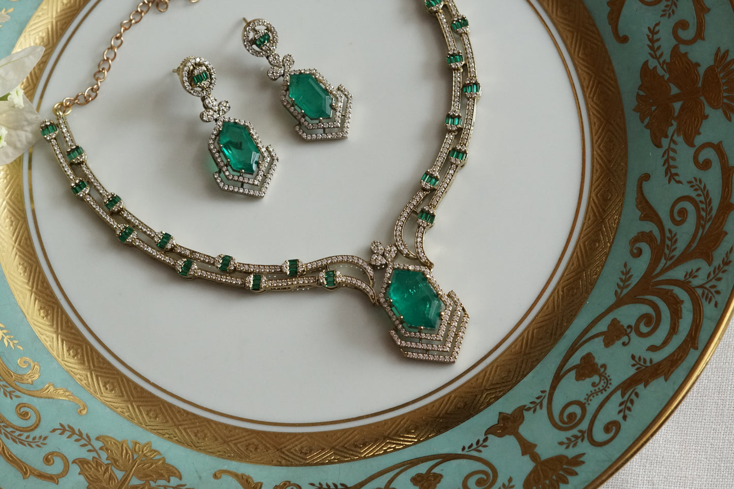 Green Stone Ad Necklace Set (4-9378)(B)